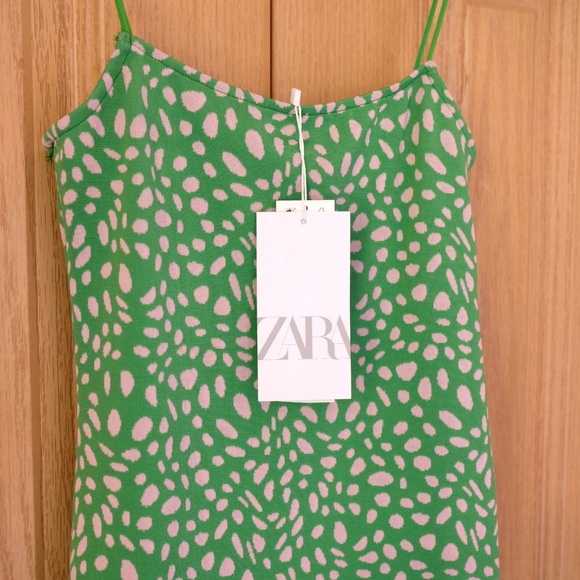 Zara Green Pink Jacquard Spaghetti Straps Fitted Midi Dress (NWT) - Picture 3 of 5